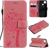 Voor Xiaomi Redmi 9C Boom & Kat Patroon Geperst Afdrukken Horizontale Flip PU Lederen Case met Houder & Kaartsleuven & Portemonnee & Lanyard (Roze)