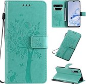 Voor Xiaomi Mi 9 Pro Tree & Cat Pattern Pressed Printing Horizontale Flip PU lederen hoes met houder & kaartsleuven & portemonnee & lanyard (groen)