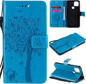 Voor Google Pixel 4a 5G / Pixel 5 XL Boom & Kat Reliëfpatroon Horizontale Flip Leren Case met Houder & Kaartsleuven & Portemonnee & Lanyard (Blauw)