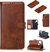 Voor Samsung Galaxy A21s Reliëf Gelukkig Kat Patroon Horizontale Flip Leren Case met Houder & Kaartsleuven & Portemonnee & Fotolijst (Bruin)