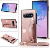 Voor Samsung Galaxy S10 polsband PU + TPU schokbestendig beschermhoes met crossbody lanyard & houder & kaartsleuf (rose goud)