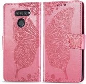 Voor LG K50S vlinder liefde bloem reliëf horizontale flip lederen tas met beugel / kaartsleuf / portemonnee / lanyard (roze)