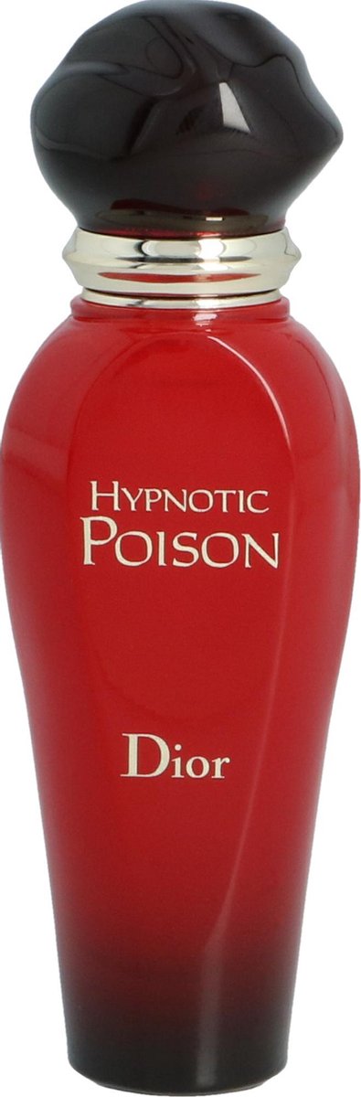 Dior Hypnotic Poison roller-pearl flacon in rode, gedraaide fles met zwarte dop, naast de verpakking.