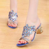 Modieuze slippers met dikke hak en strass-vissenmond, maat: 36 (marineblauw)