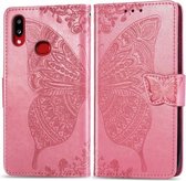 Voor Galaxy A10s Butterfly Love Flowers Embossing Horizontale Flip lederen tas met houder & kaartsleuven & portemonnee & lanyard (roze)