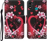 For Honor 9X Lite Gekleurde tekening patroon horizontale flip lederen tas met houder & kaartsleuven & portemonnee & lanyard (rood hart)