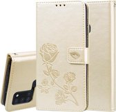 Voor Samsung Galaxy A21s Rose reliëf horizontale flip PU lederen tas met houder & kaartsleuven & portemonnee (goud)
