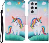 Voor Samsung Galaxy S21 Ultra 5G Gekleurde Tekening Patroon Horizontale Flip Leren Case met Houder & Kaartsleuven & Portemonnee & Lanyard (Regenboog Eenhoorn)