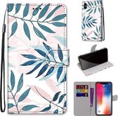 Gekleurde tekening Cross Texture Horizontale Flip PU lederen tas met houder & kaartsleuven & portemonnee & lanyard voor iPhone XS / X (roze groen blad)
