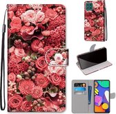 Voor Samsung Galaxy F62 / M62 Gekleurde tekening Cross Texture Horizontale Flip PU lederen tas met houder & kaartsleuven & portemonnee & lanyard (Pink Rose Garden)
