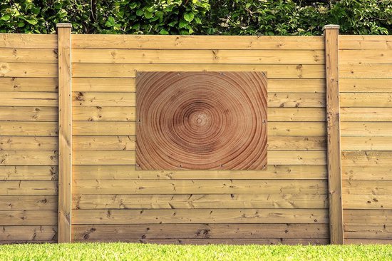 Tuinposter 120x90 cm - Tuindecoratie Een close up van de boomringen van een boomstam - Poster voor in de tuin - Buiten decoratie - Schutting tuinschilderij - Tuindoek muurdecoratie - Wanddecoratie balkondoek