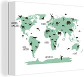 Canvas Wereldkaart - 160x120 - Wanddecoratie Wereldkaart kinderen - Dieren - Turquoise