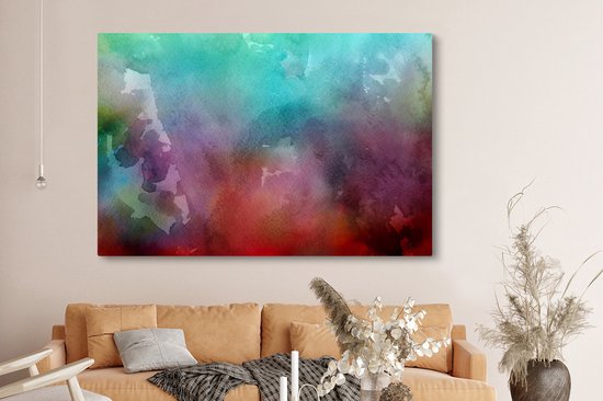 Canvas schilderij 150x100 cm - Wanddecoratie Waterverf - Groen - Rood - Muurdecoratie woonkamer - Slaapkamer decoratie - Kamer accessoires - Schilderijen