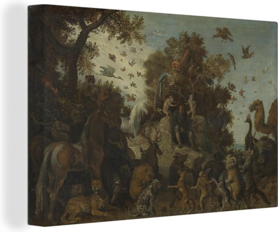 Poète à la fête des animaux couronnés par deux singes - Peinture de Roelant Savery 30x20 cm - petit - Tirage photo sur toile (Décoration murale salon / chambre)