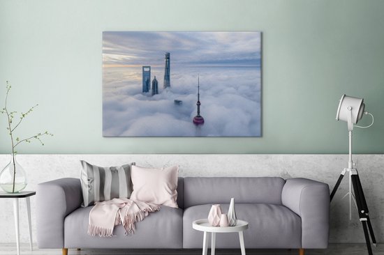 Canvas Schilderij Wolkenkrabber - Mist - Shanghai - 120x80 cm - Wanddecoratie