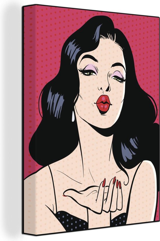 Canvas Schilderij Een illustratie van een vrouw die een kus blaast met haar rode lippen - 90x120 cm - Wanddecoratie