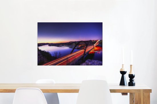 Nombreux feux tricolores sur le Pennybacker Bridge sous un ciel violet à Austin Toile 90x60 cm - Tirage photo sur toile (Décoration murale salon / chambre)