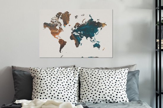 Wereldkaart en peinture bleu foncé et orange sur fond rose 60x40 cm