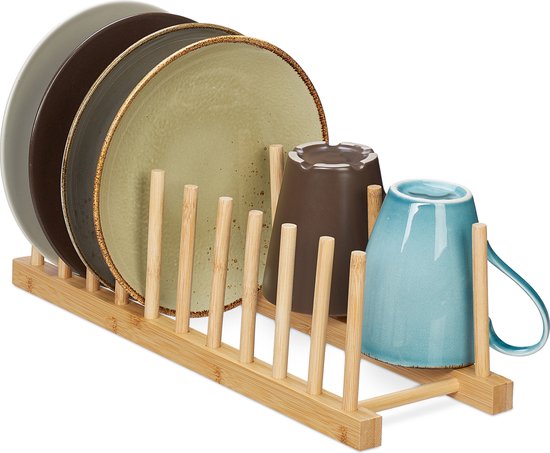Relaxdays CROSS Dish Drainer Foldable for Bowls, Cups, Bamboo, Metal, Dishwashing Rack, 27 x 39 x 29 cm, Natural