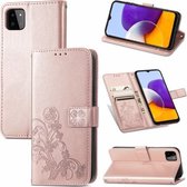 Voor Samsung Galaxy A22 5G Vier-blad sluiting Reliëf Gesp Mobiele Telefoon Bescherming Lederen Case met Lanyard & Kaartsleuf & Portemonnee & Beugel Functie (Rose Goud)