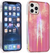 Aurora Cloud Plating gouden rand dubbelzijdig IMD-patroon TPU schokbestendig hoesje voor iPhone 12 mini (roze oranje zonsondergang)
