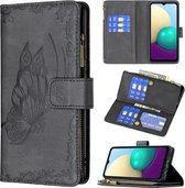 Voor Samsung Galaxy A02 Vliegende Vlinder Embossing Patroon Rits Horizontale Flip Leren Case met Houder & Kaartsleuven & Portemonnee (Zwart)