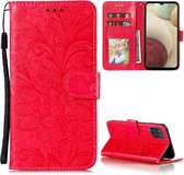 Voor Samsung Galaxy F62 / M62 Kant Bloem Embossing Patroon Horizontale Flip Leren Case met Houder & Kaartsleuven & Portemonnee & Fotolijst (Rood)