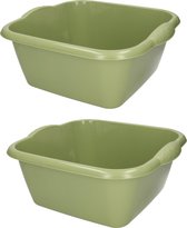 Set van 2x stuks groene afwasbak/afwasteil vierkant 15 liter 42 cm - Afwassen - Schoonmaken - legergroene teilen