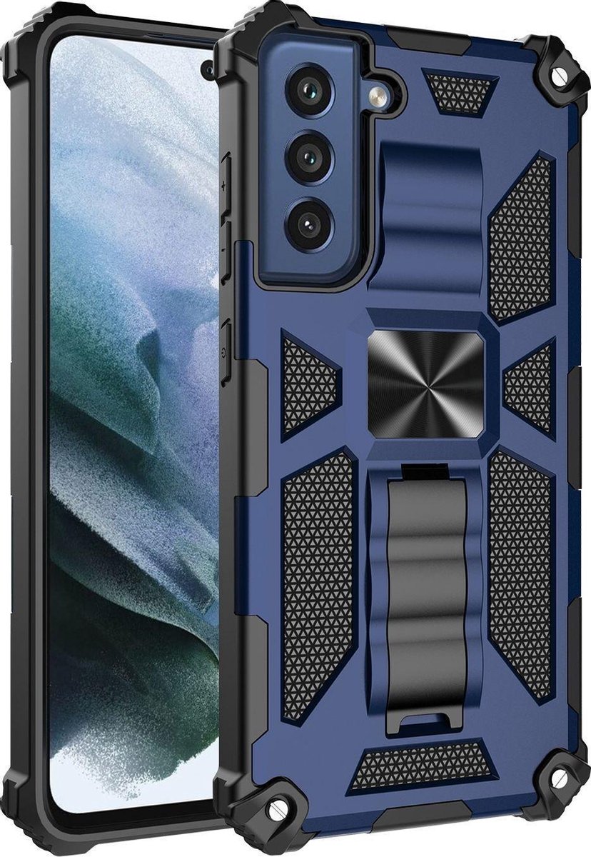 Mobigear Hoesje geschikt voor Samsung Galaxy S21 FE Telefoonhoesje Hardcase | Mobigear Armor Stand Backcover Shockproof met Standaard | Schokbestendig Galaxy S21 FE Telefoonhoesje | Anti Shock Proof - Blauw