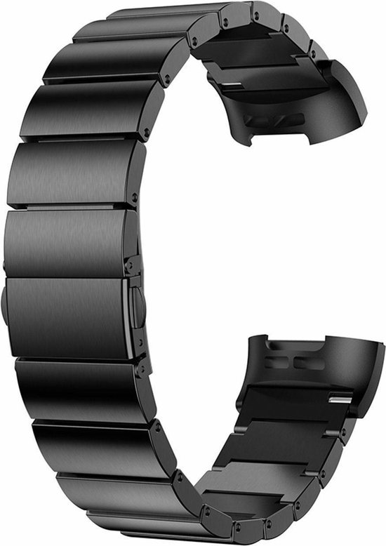 Zwarte metalen smartwatch band, gebogen in een C-vorm.