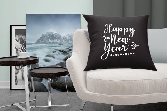Sierkussen décoratif Citations du Nouvel An pour l'intérieur - Citation du Nouvel An ``Happy année '' - décoration murale noir - 60x60 cm - coussin intérieur carré en coton