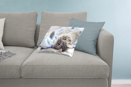 Coussins décoratifs déco - Coussin - Chat allongé sur une couverture bleu clair - 60x40 cm - Coussin en coton