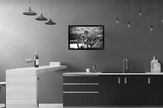Photo dans le cadre - Cadre photo à boire des zèbres noir sans passe-partout 60x40 cm - Affiche sous cadre (Décoration murale salon / chambre)