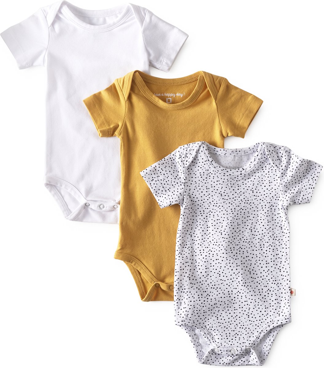 Little Label - romper korte mouw 3-pack - yellow white 68/6M - maat: 68 - bio-katoen