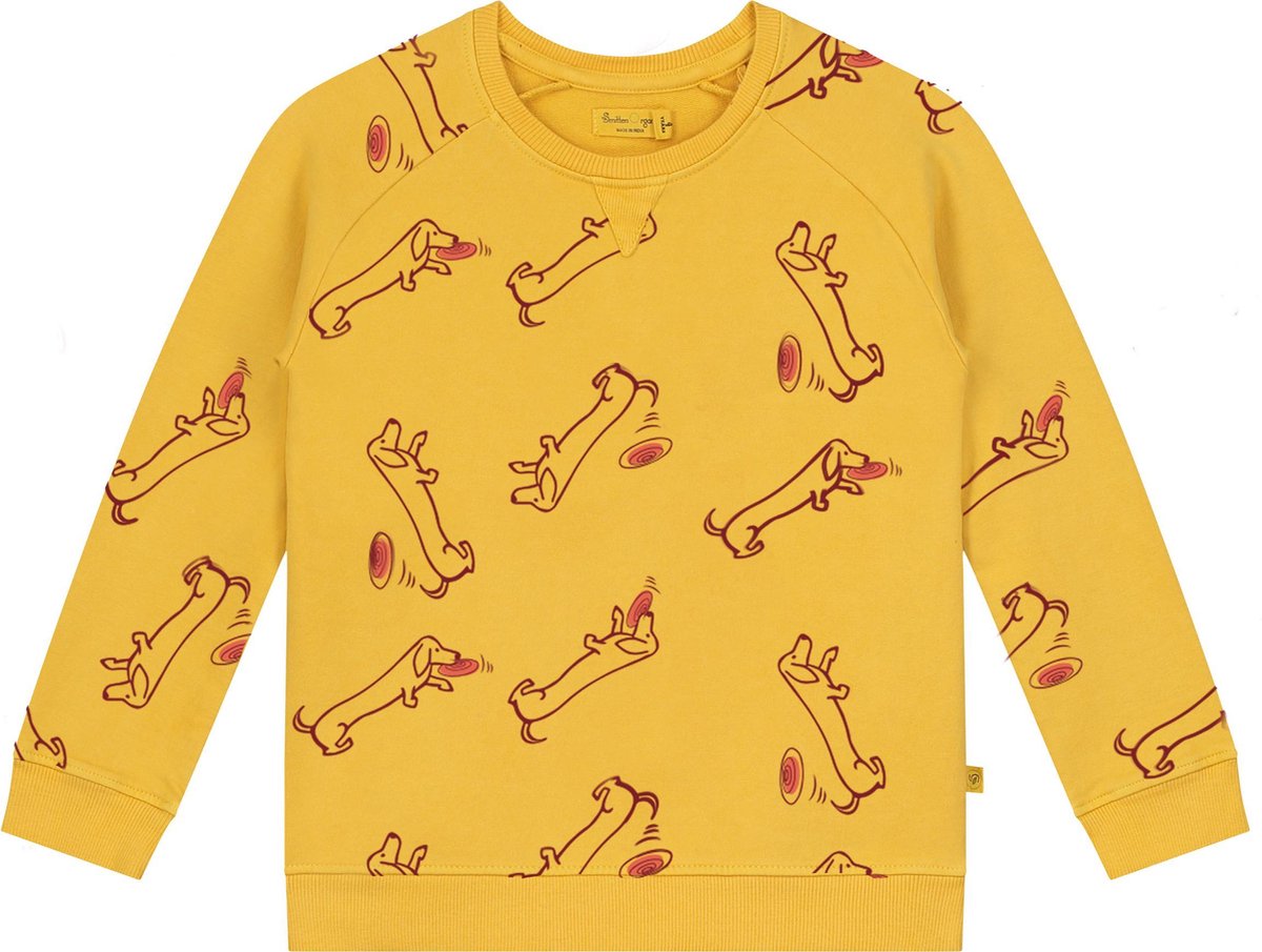 Smitten Organic Unisex Sweater in Sea Annemone geel met all-over 'Teckel Billy at Beach' print