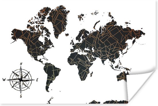 Carte du monde noire avec des lignes géométriques et une rose des vents sur  fond blanc... | bol