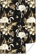 Motif de flamants roses et feuilles et fleurs dorées sur fond noir 80x120 cm