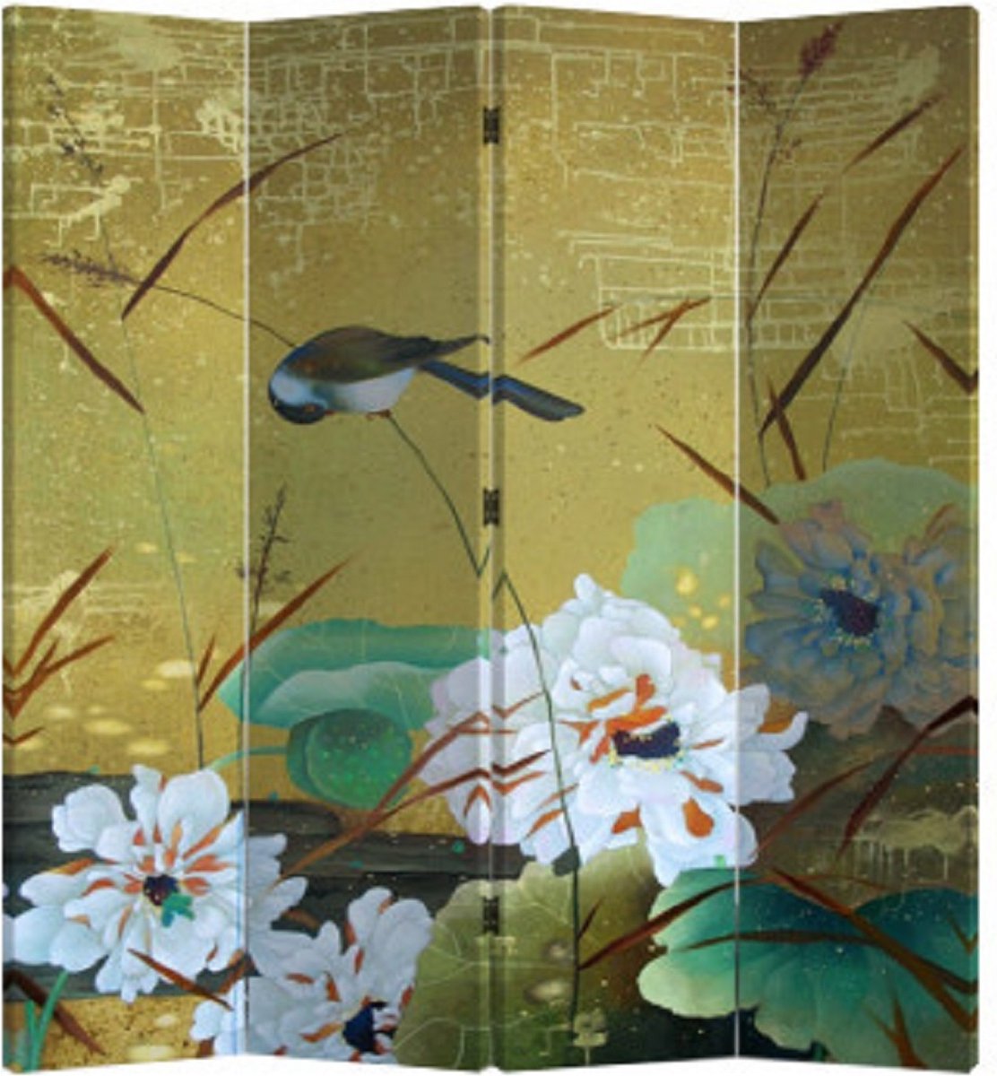 Fine Asianliving Chinees Kamerscherm Oosters Scheidingswand B160xH180cm 4 Panelen Zwaluwen en Bloemen Geel, Multicolour