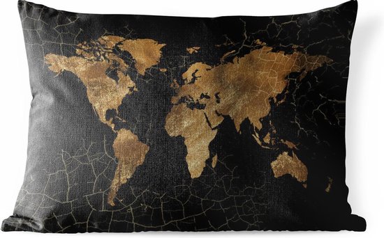 Buitenkussens - Tuin - Goudkleurige wereldkaart met zilveren structuurpatroon op zwarte achtergrond - 60x40 cm
