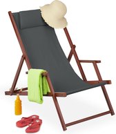 Relaxdays strandstoel inklapbaar - ligstoel hout - armleuningen - campingstoel hoofdsteun - antraciet