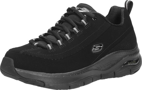 Zwarte Skechers Arch Fit damessneaker met zilverkleurige veteroogjes.