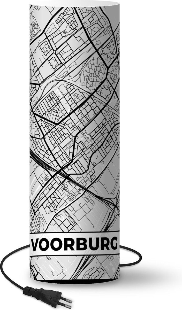Lamp - Nachtlampje - Tafellamp slaapkamer - Stadskaart - Voorburg - Grijs - Wit - 50 cm hoog - Ø15.9 cm - Inclusief LED lamp - Plattegrond