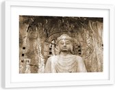 Foto in frame , Boeddha voor een rots , 120x80cm , Zwart wit , Premium print
