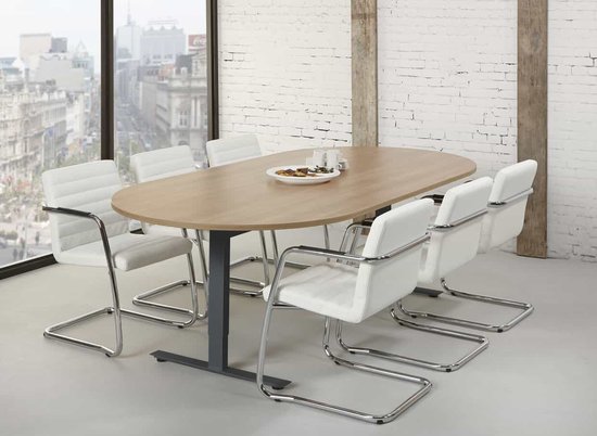Ovale vergadertafel design T-poot Teez 240x120cm bladkleur Licht Eiken framekleur Zwart (RAL9011)
