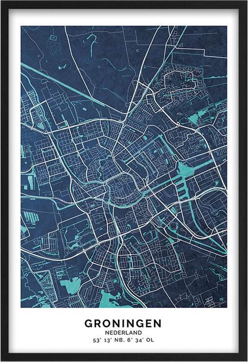 Poster Stad Groningen - A4 - 21 x 30 cm - Inclusief lijst (Zwart Aluminium)