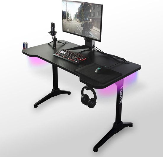 Gaming bureau met ledverlichting - vonyx db20 - carbon fiber look - anti-kras - zwart