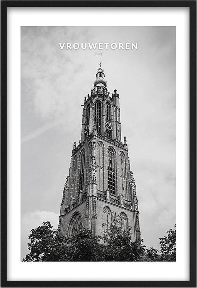 Poster Onze Lieve Vrouwetoren Amersfoort - A3 - 30 x 40 cm - Inclusief lijst (Zwart MDF)