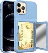 Schokbestendige pc + TPU-beschermhoes met kaartsleuven en spiegel voor iPhone 12 Pro Max (lichtblauw)
