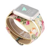 Voor Apple Watch Series 3 & 2 & 1 38 mm nieuwe stijl Chinese inkt bloempatroon twee lussen echt lederen polshorloge band (geel)