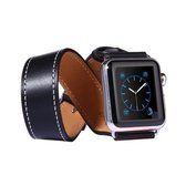 Voor Apple Watch 38 mm dubbele cirkel stijl metalen gesp koeienhuid lederen horlogeband met connector (zwart)
